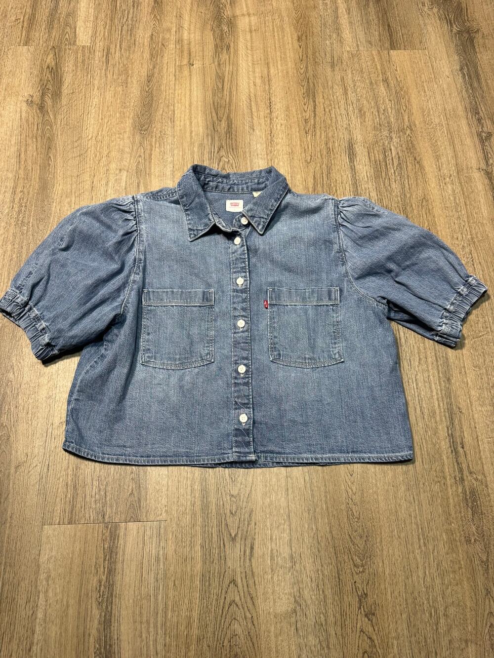 Levi's Women's Blue Denim Button-Front Shirt with Puff Sleeves
